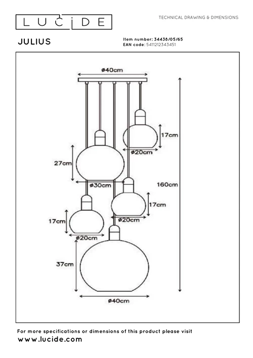 Lucide JULIUS - Suspension - 5xE27 - Fumé - technique